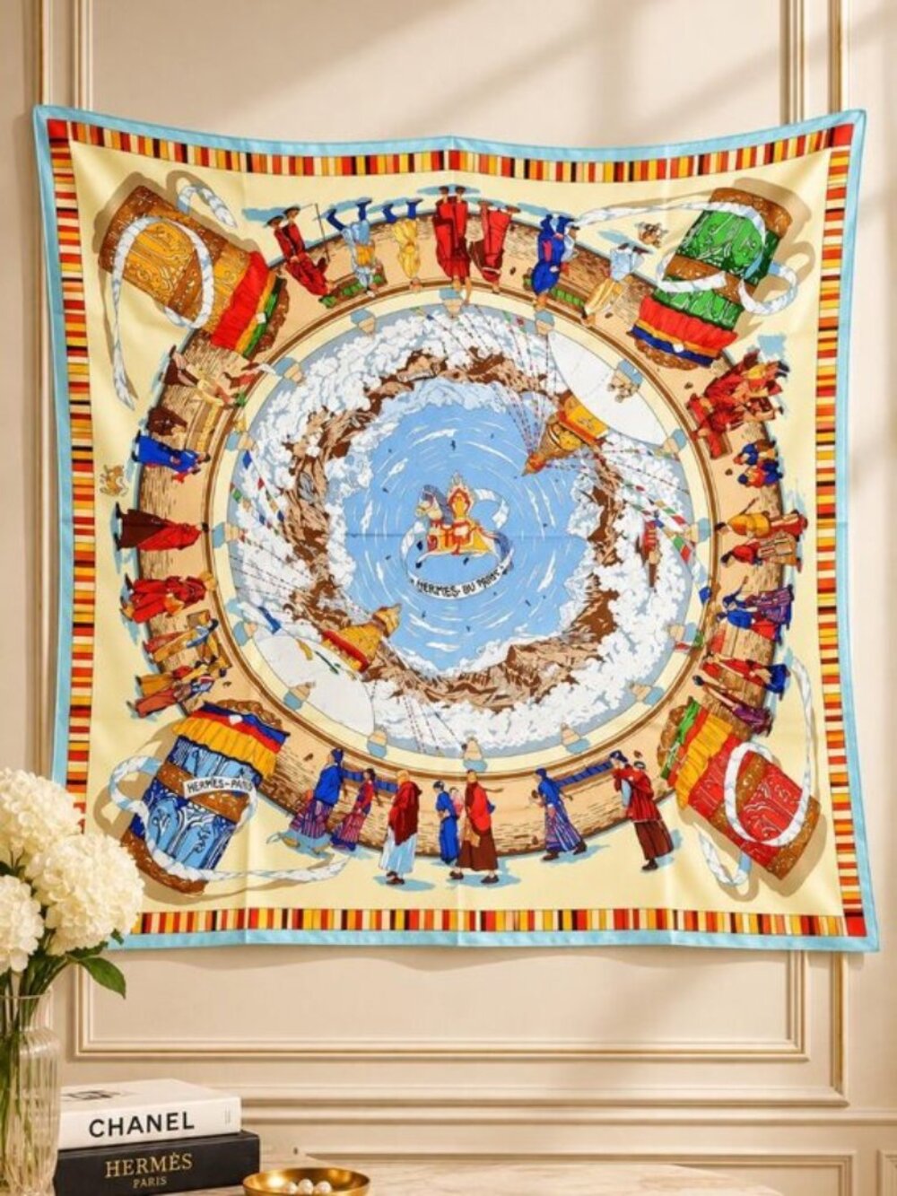 Hermès Prières au Vent Carré 90 Silk Scarf Multicolor Blue Authentic France Rare